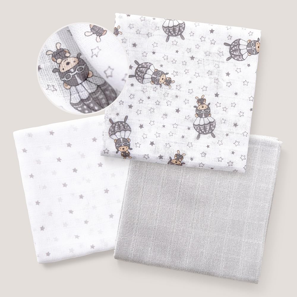Interbaby Muselinas Bebe Algodon 80x80cm | Pack 3 Gasas para Bebes Recien Nacidos, Lactancia, Toalla, Manta | Muselinas Bebe Cómoda, Suave, Transpirable | Diseño Paracaidista Gris — view 6