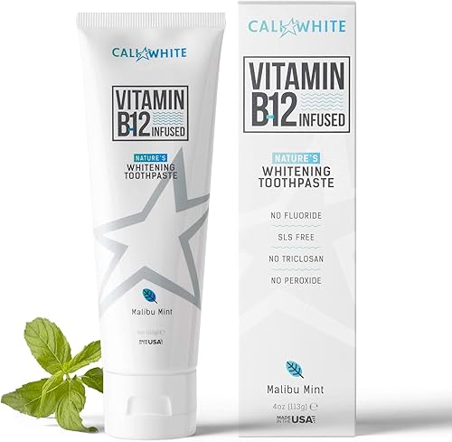 Cali White Flouride - Pasta dental blanqueadora natural sin infusión de vitamina B12, pasta de dientes vegana, sin triclosán, sin peróxido, sin SLS,