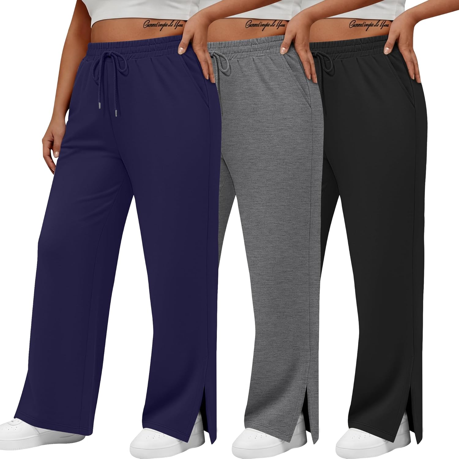 Neer 3 Pcs Womens Plus Size Sweatpants Wide Leg Drawstring Lounge Pants Side Slit Elastic Waist Workout Trousers with Pockets