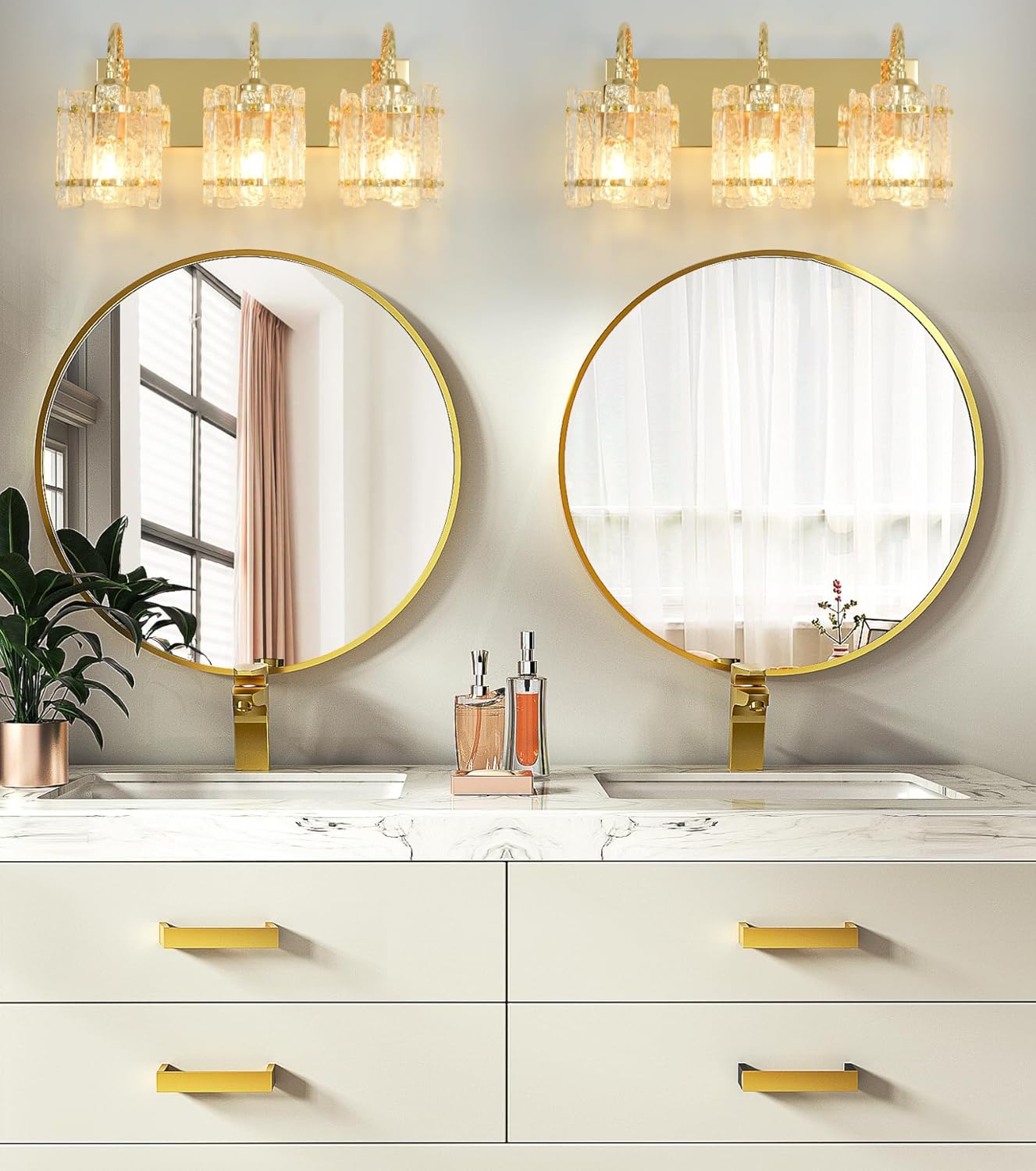 Gold Vanity Lights 3 Lights with Water Ripple Glass Shade Modern Bathroom Sconce Above Mirror 20in Hallway Lamp for Bathroom Living Room Bedroom