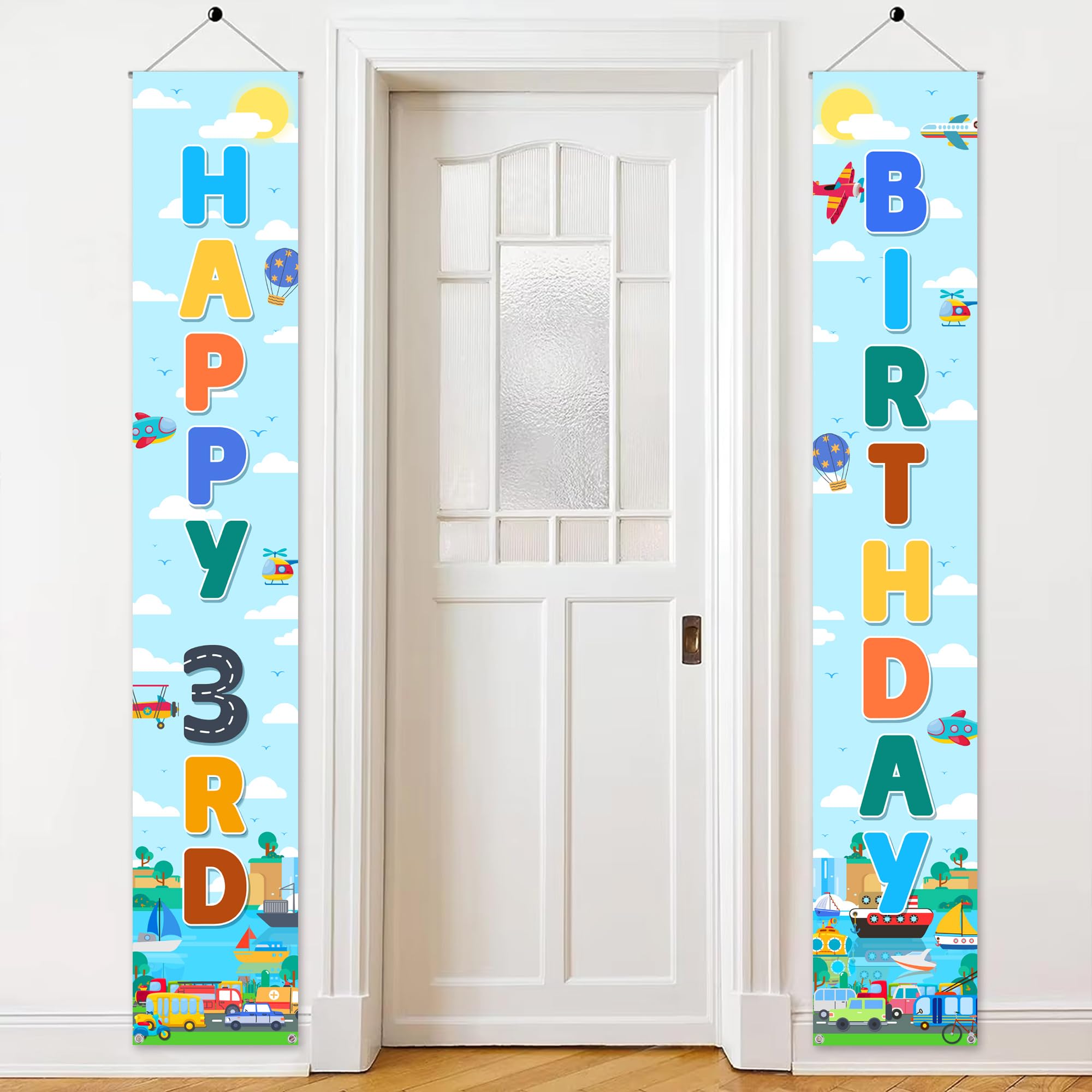 Transportation 3rd Birthday Door Banner, Vehicle Party Decorations for Boys