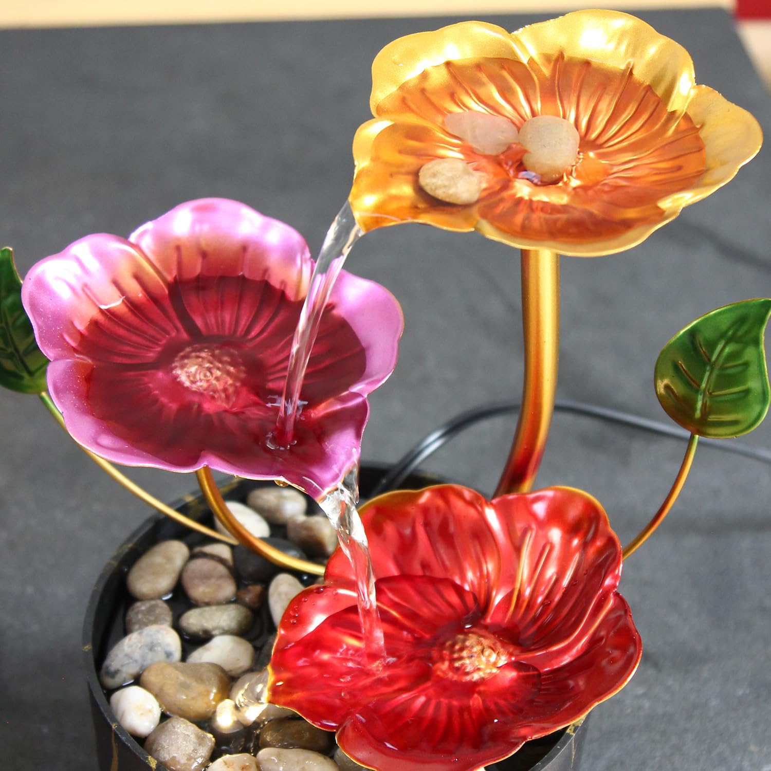 Desk Fountain Indoor Waterfall Fountain Flowers Themed 3-Tier Tabletop Fountain Home Decor Soothing Sound Machine(Galsang)