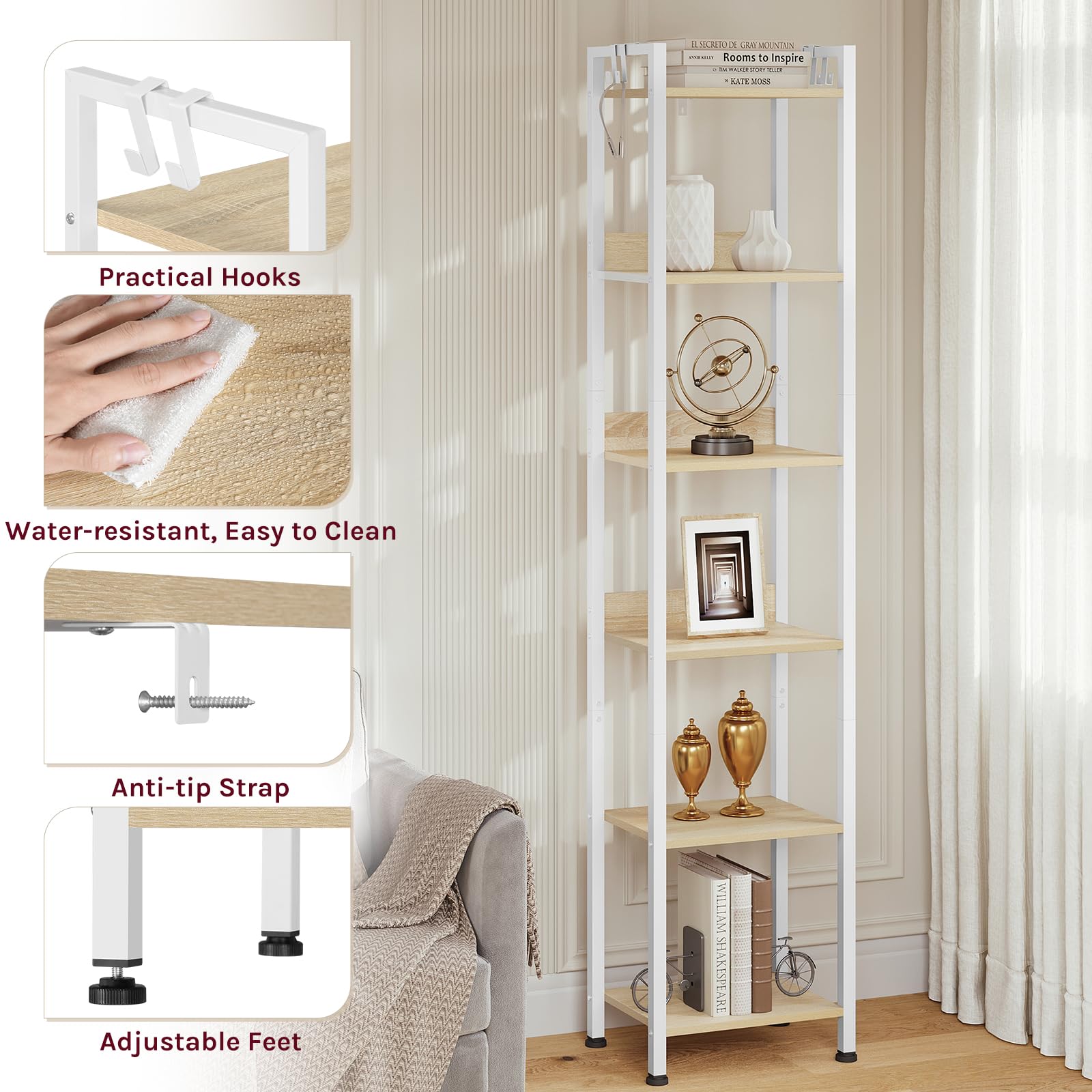 WOLTU Escalera Estantería de Almacenaje, Librería | de Madera y Metal con 4 Ganchos Extraíbles, de 6 Niveles, para Salón, de Estilo Industrial, Blanca, 40x30x187 cm