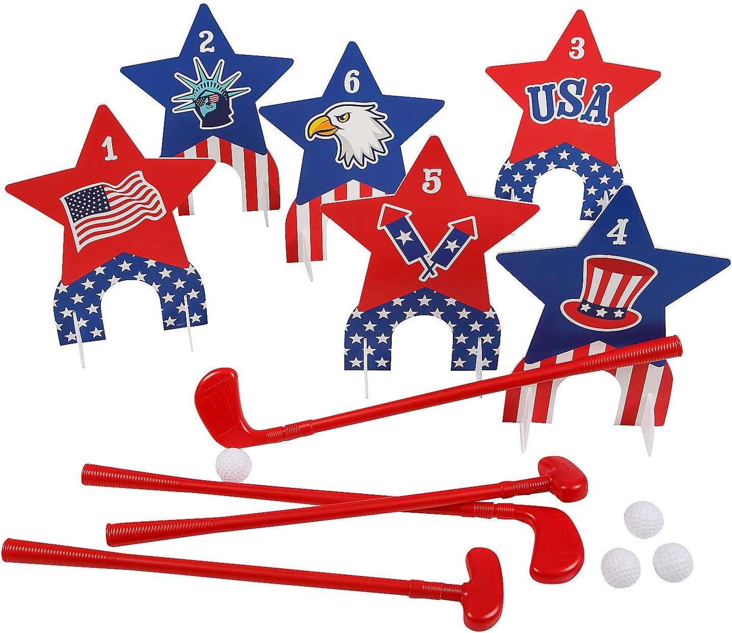 Fun Express 26 Pieces Patriotic Stars & Stripes Indoor or Outdoor Mini Golf Set for 4