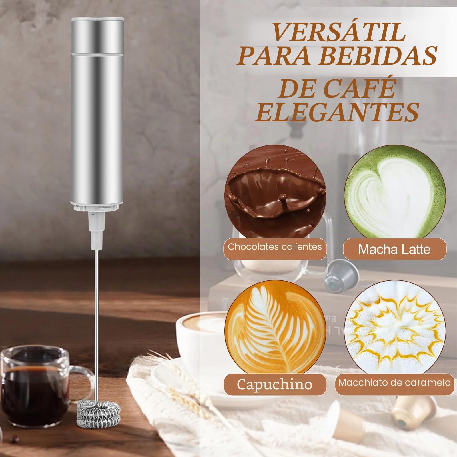 Espumador de Leche Eléctrico USB Recargable, Mini Batidora de Mano 3 en 1 con 3 Cabezales Intercambiables y 2 Velocidades, Acero Inoxidable para Café Latte, Cappuccino y Huevos