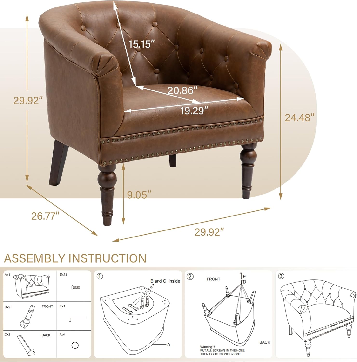 Pia Ricco Faux Leather Barrel Accent Chair, Comfy Club Armchair with Solid Wood Legs, Nailhead Trim Upholstered Single Sofa Chair for Living Room Bedroom/Reading Room, Tan, Set of 2