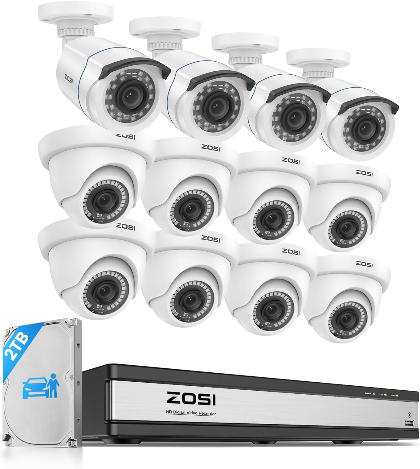 ZOSI H.265+ 1080p 16 Channel Security Camera System, 16CH DVR with AI Human Vehicle Detect, 12 x 2MP Weatherproof Surveillance CCTV Bullet Dome Camera Outdoor, Night Vision, Remote Access, 2TB HDD
