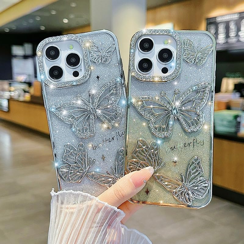Diamond 3D Butterfly Glitter Case for iPhone 16 15 14 13 12 Pro Max Plating Gradient Transparent Cute Women Girl's Bling Cover (Silver,for iPhone 15 Pro Max)