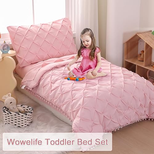 Miniatura 7 de Juego de ropa de cama de 4 piezas para niñas con diseño bohemio copetudo, color rosa claro, juego de edredón con pompones para niños pequeños,