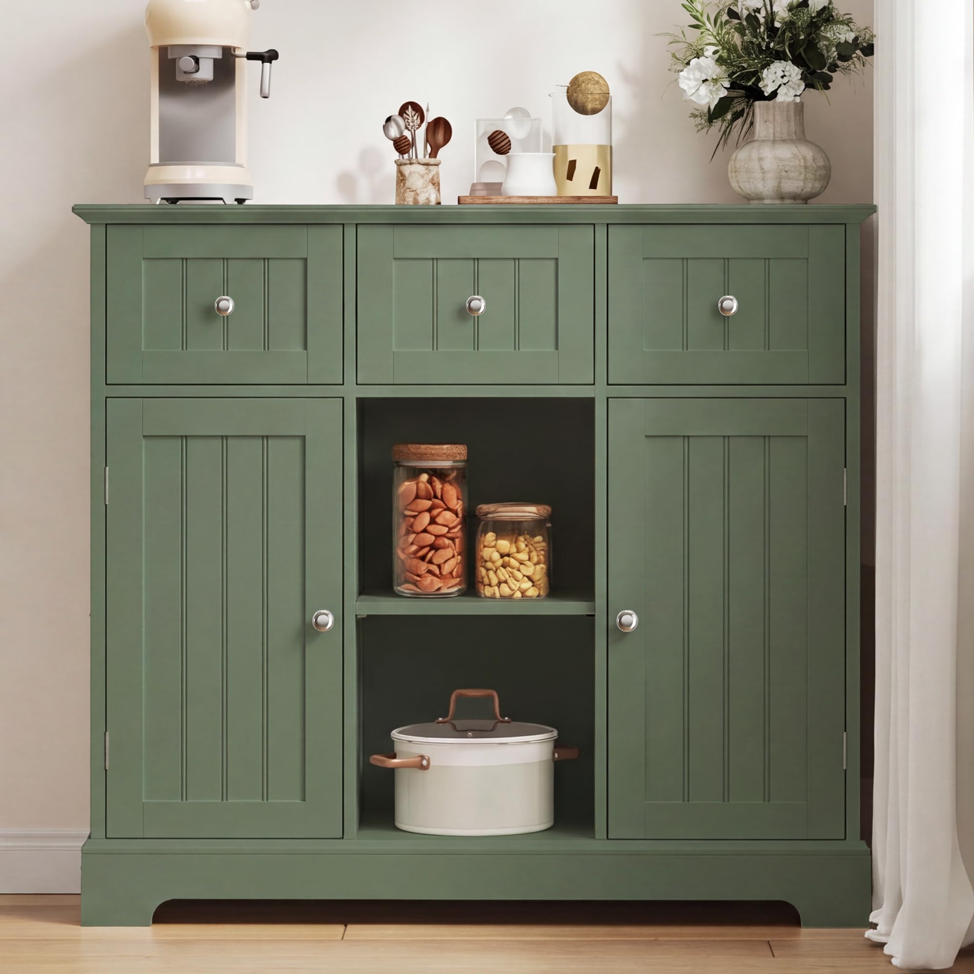 View 1 of ** PARTS ONLY PARTIAL SET MINOR DAMAGE**
ChooChoo 35.4" Coffee Bar Cabinet with 3 Drawers and 2 Doors, Green