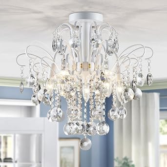 WUZUPS Crystal Chandelier Flushmount Ceiling Light Modern Lighting Fixture for Bedroom Hallway Bar Kitchen Bathroom, H 17.5 x W 19.3, E12 Base, White