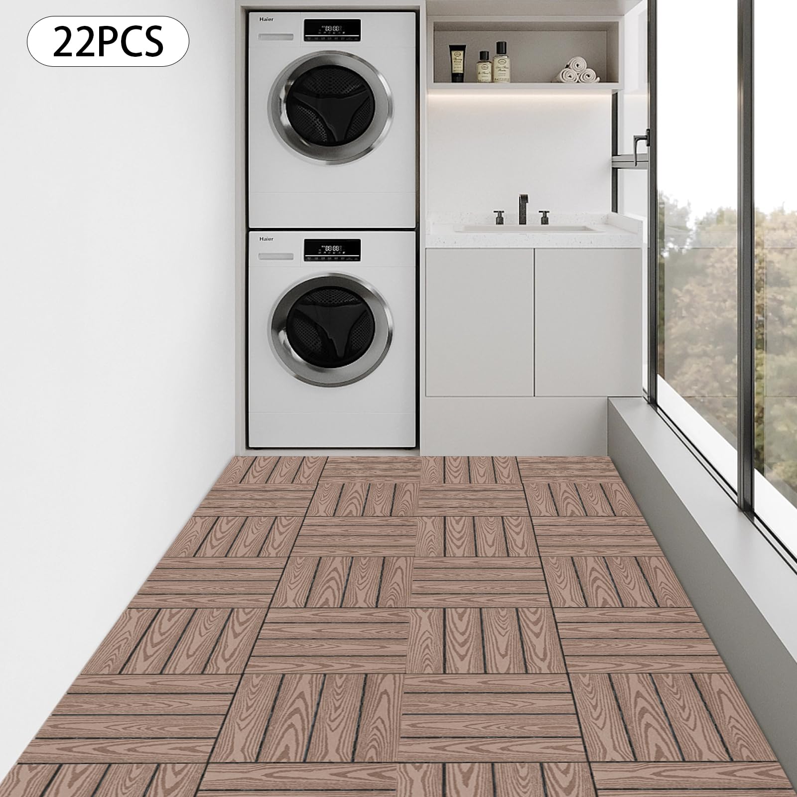 Baldosas de terraza de WPC, azulejos de clic para terraza y balcón, 30 x 30 cm, color marrón. Con drenaje, 22 unidades (aprox. 2 m²) como revestimiento de suelo resistente a la intemperie, para balcón