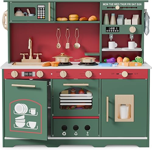 Miniatura 8 de Juego de cocina de 35.8 pulgadas para niños, cocina de juguete para niños pequeños, juego de cocina de madera 23 en 1 con alimentos de juguete y