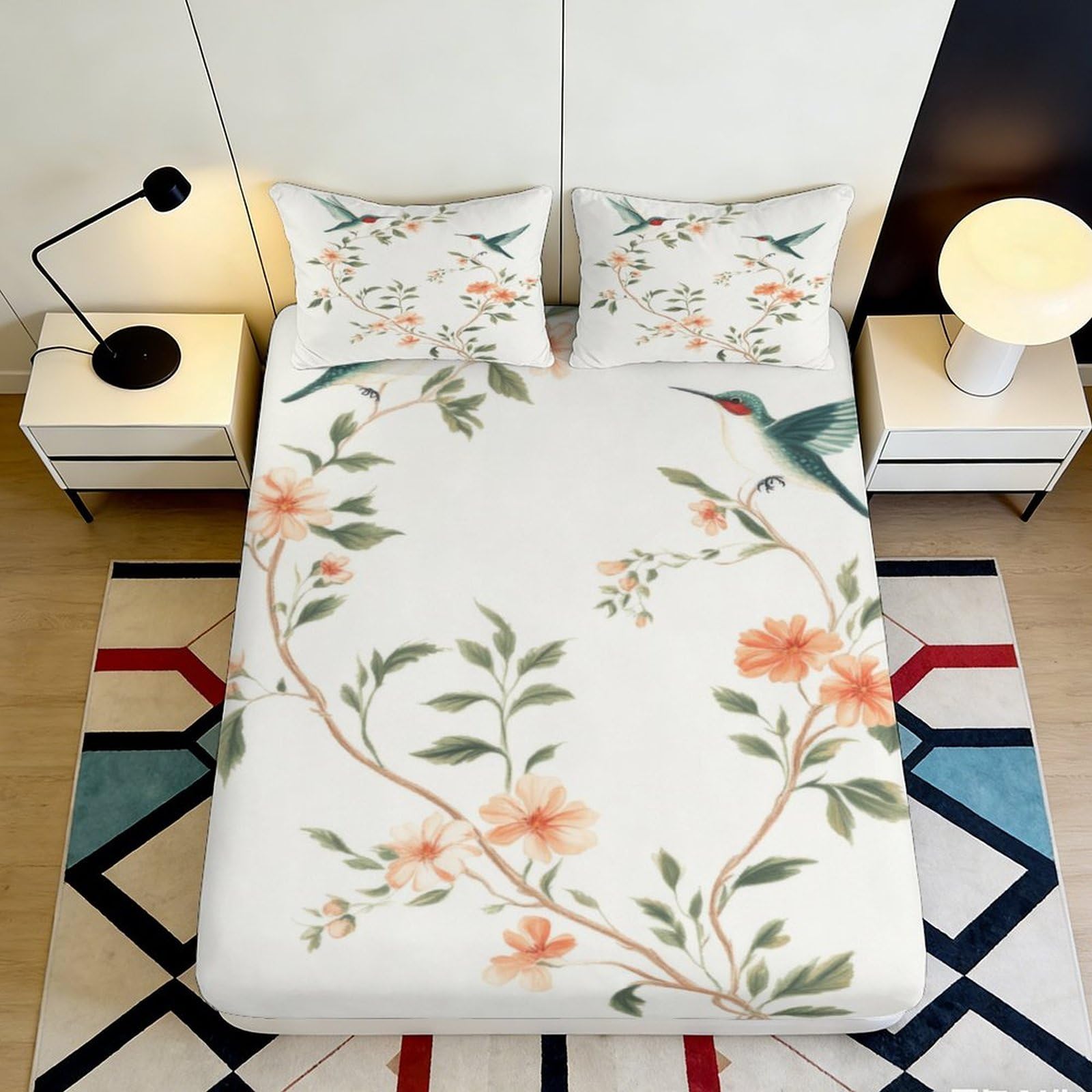 3D Printed Hummingbird Floral Fitted Sheet Microfiber Soft Durable Bird Branch Bed Sheet for Bedroom Dormitory Guest Room Mattress Protection Decor 120x200x25cm