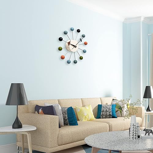 Miniatura 8 de Reloj de pared de mediados de siglo, réplica George Nelson Ball Clock para decoración retro moderna (nogal de 13 pulgadas)