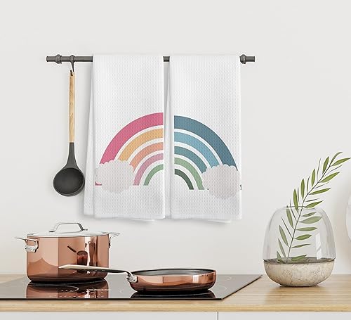 Miniatura 5 de Juego de 2 paños de cocina y paños de cocina bohemios bohemios para cuarto de bebé, color rosa y azul, con estampado de nube arcoíris y azul,