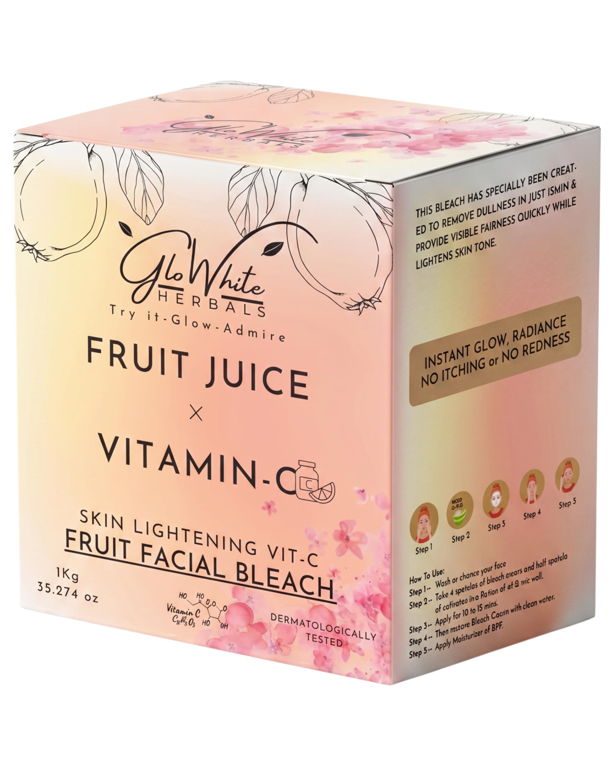 GloWhite Herbals Vitamin-C Fruit Bleach For Face For Women | Instant Brightening & Fairness Face & Body Bleach | No-Itching & No-Redness Formula | For All Skin type | 1kg