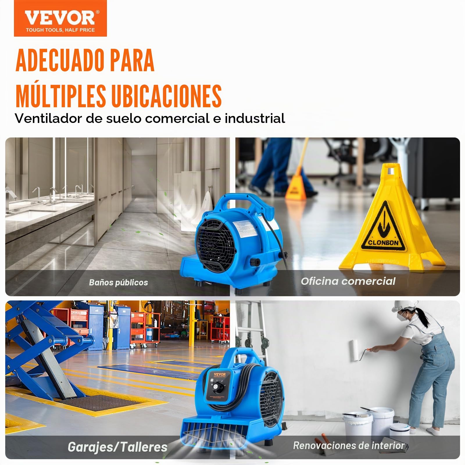 VEVOR Soplador de Suelo 1360 RPM Ventilador de Secado por Enfriamiento 17 m³/min Secador de Alfombras Portátil 4 Ángulos de Soplado Temporizador 3 Velocidades para Limpieza, Hogar, Comercial