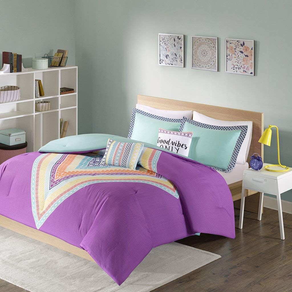Intelligent Design Lani Comforter Set Full/Queen Size - Purple, Aqua, Geometric Diamond – 5 Piece Bed Sets – Ultra Soft Microfiber Teen Bedding for Girls Bedroom