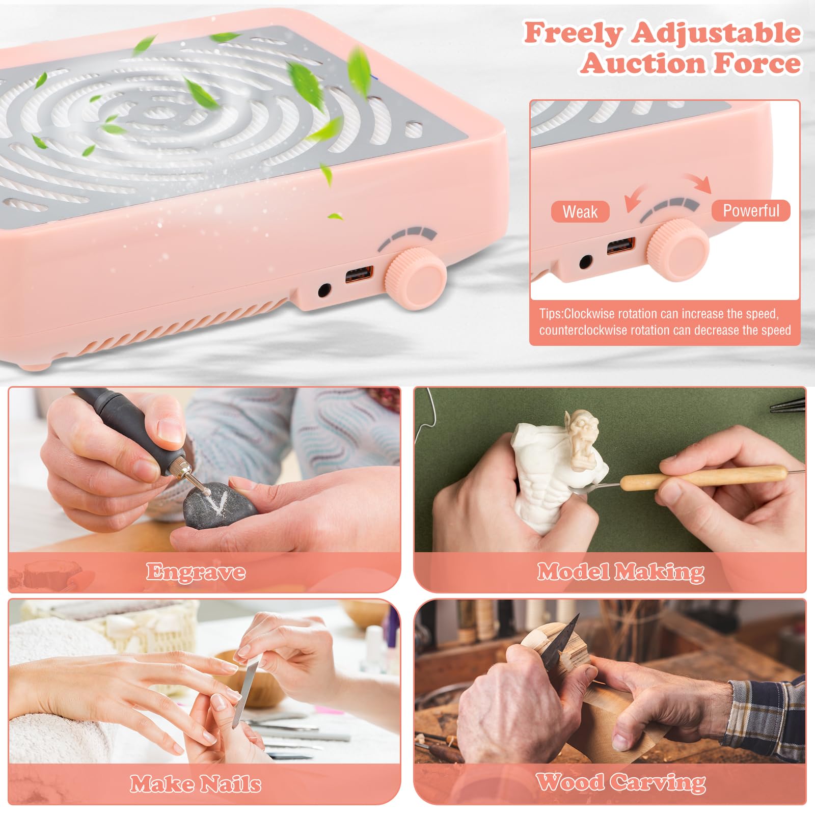 Aspirateur Ongle, Aspirateur Manucure avec Lumière USB, Collecteur de Poussière à Ongles, Professionnelle Onglerie Aspirateur à Faible Bruit pour Salon de Manucure à Domicile