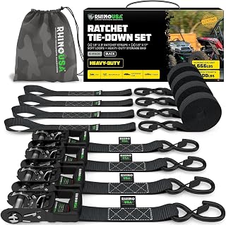 Rhino USA Heavy Duty Ratchet Straps 4-Pack - 1.6" x 8ft, 5,000 LB Break Strength, EZ-Release Safety S-Hooks for Trucks, ATVs, UTVs, Motorcycles & Cargo Securement