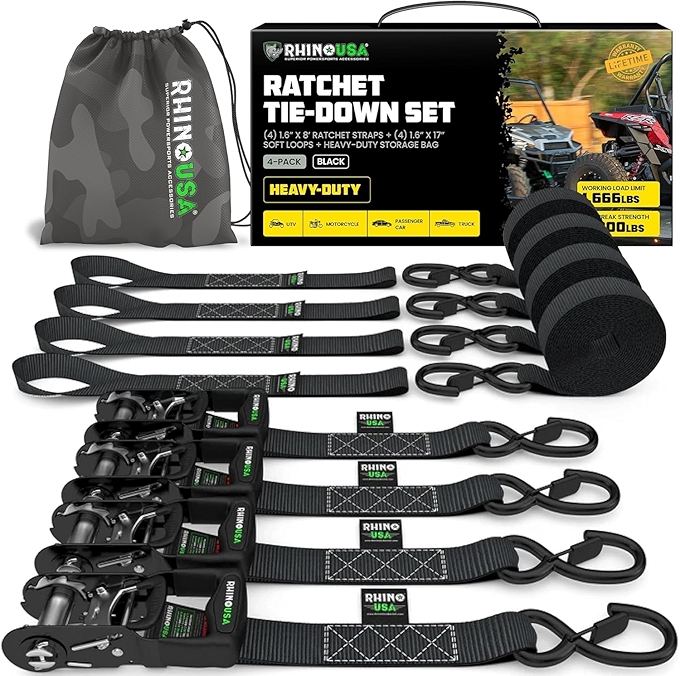 Rhino USA Heavy Duty Ratchet Straps Kit - Ultimate Tie Down Straps with Safety S Hooks