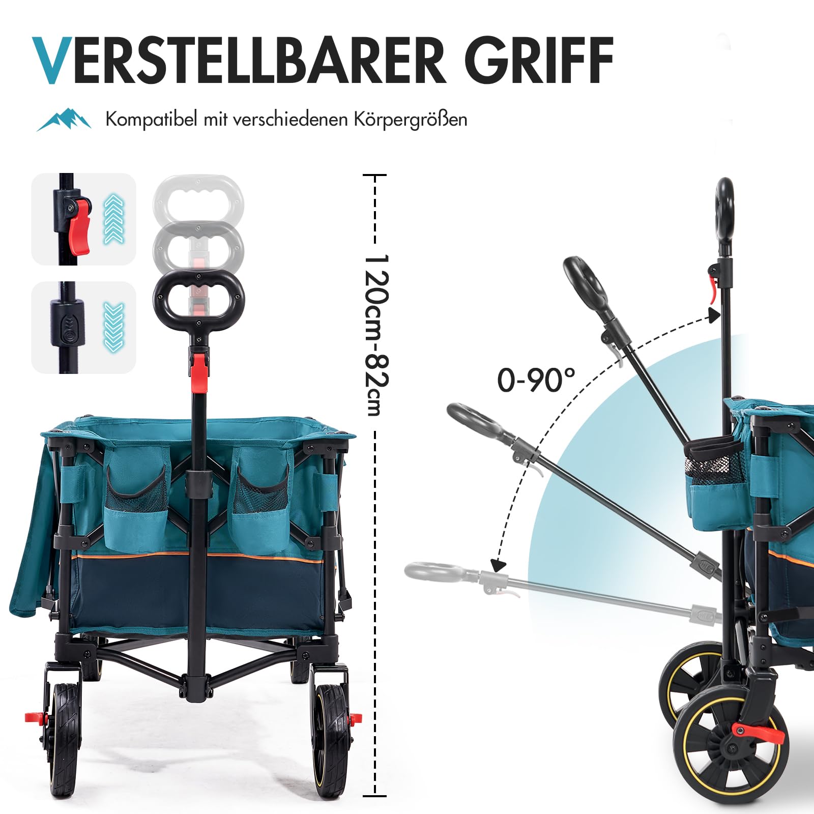 Portal Bollerwagen faltbar XXL Große Ladefläche 120kg belastbar Handwagen mit Getränkehalter Seitentasche Transportwagen Leiterwagen klappbar Strandwagen Faltwagen für Garten Camping Festival