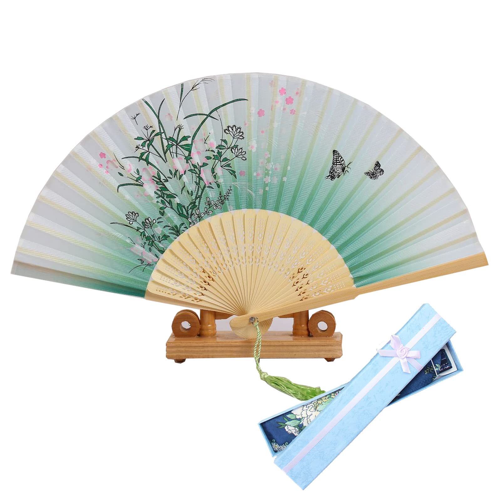 Jinchuan Redis Hand Fan with Bag & Box, Silk Fan, Silk Fan, Cherry Blossom, Flower, Butterfly, Japanese Pattern, Foldable, Japanese Style Accessory, For Women, Men, Women, Japanese Style Fan, Dance, :