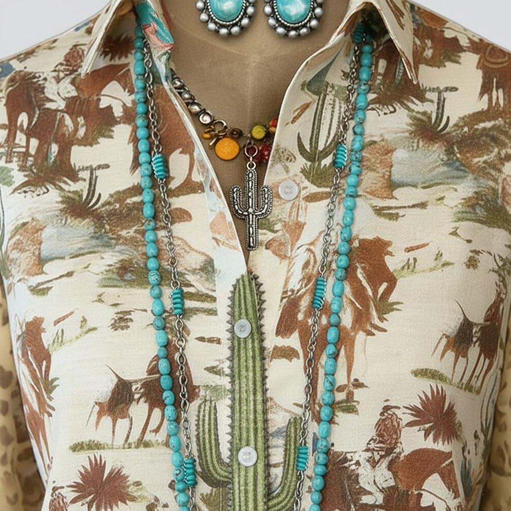 Women's Boho Paisley Blouse Western Floral Print Top Ruffled Cuff Long Sleeve Button-Down Shirt