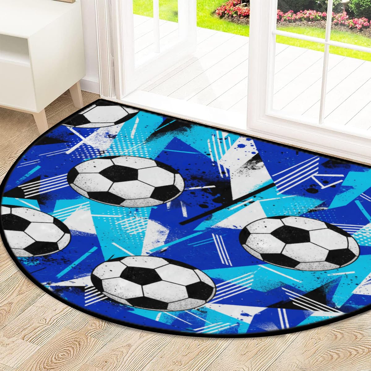 Große halbrunde Fußmatte, Fußball, Sport, rutschfest, saugfähig, halbrund, Eingangsbereich, niedlich, weich, halbrund, waschbar, Teppich für Küche, Badezimmer, Schlafzimmer, 160 x 100 cm