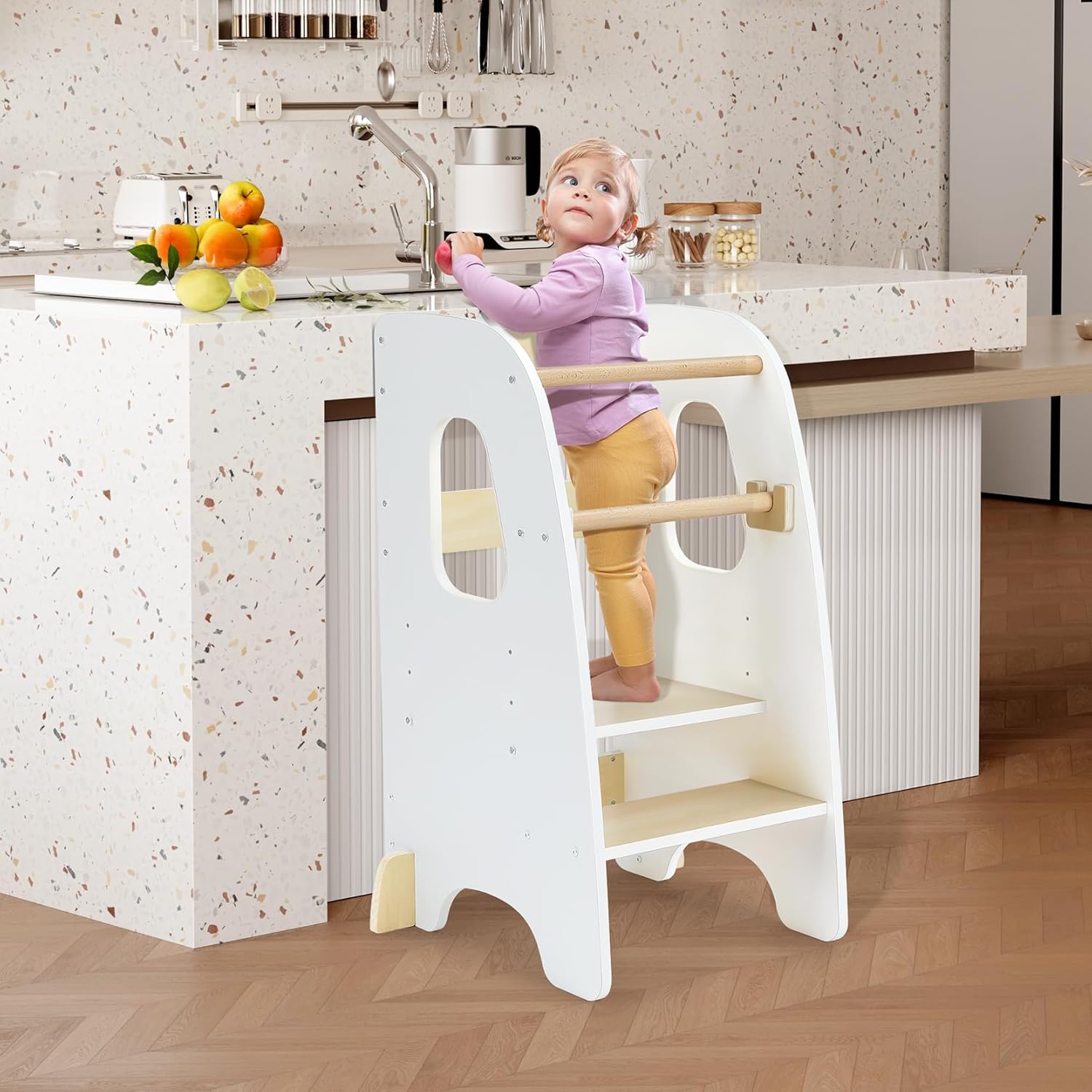 Ezebaby Toddler Standing Tower, 3-Adjustable Height Toddler Kitchen Step Stool, Kids Helper Stool for Learning New Skills-White