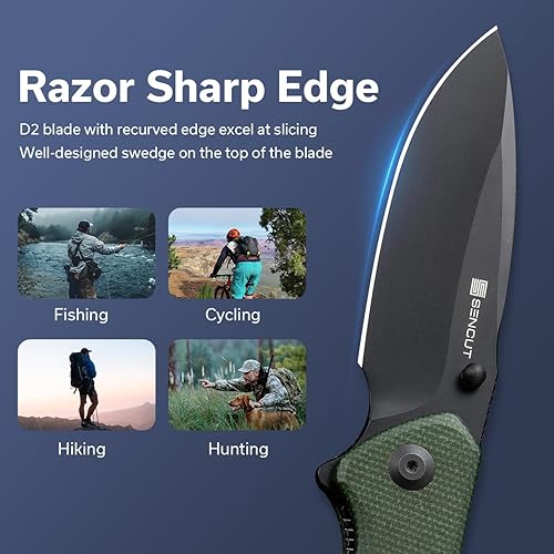 Miniatura 3 de SENCUT Cuchillo de bolsillo para EDC, cuchillo plegable Slashkin, espárrago y abridor de aleta, micarta de lona verde con hoja D2 de 3.48 pulgadas,