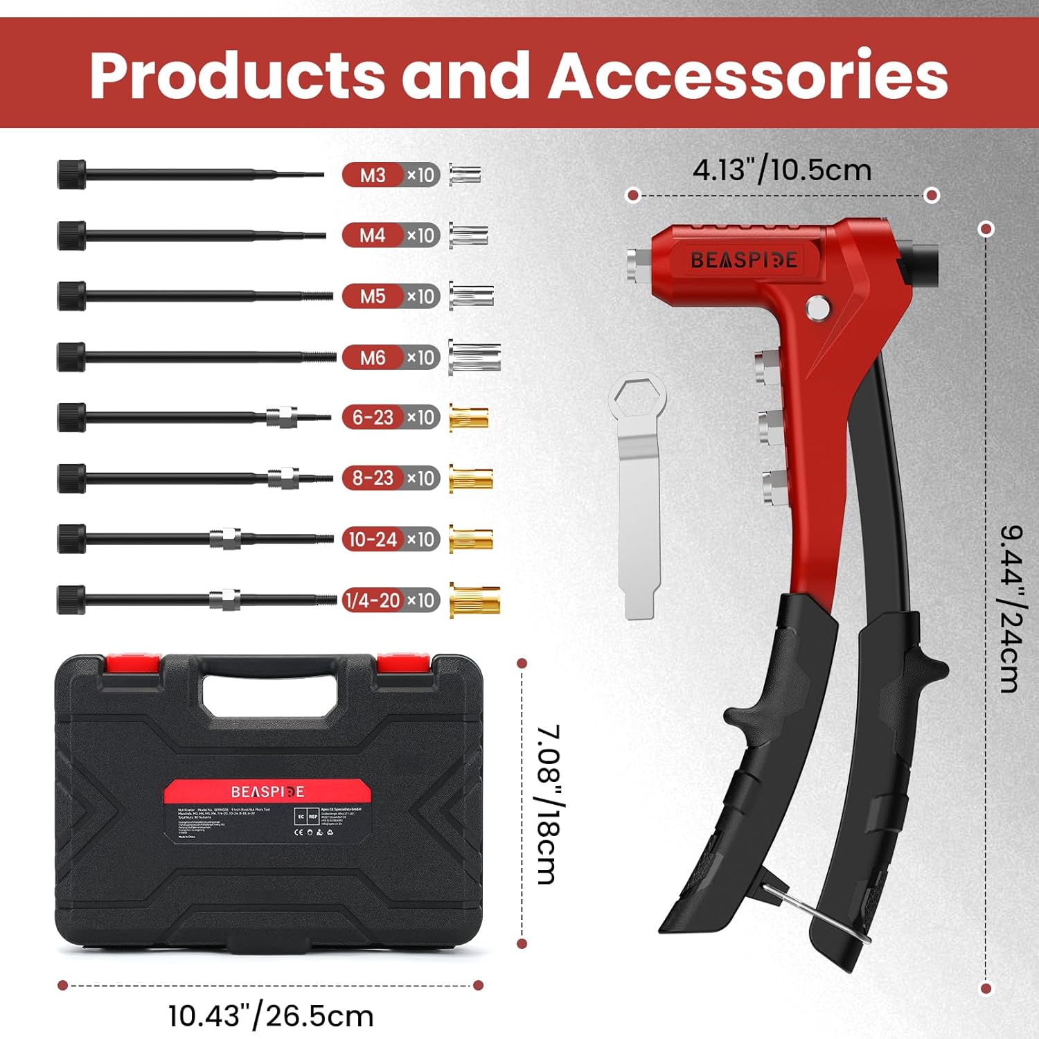 Beaspire Rivet Nut Tool Kit, 9.5" Rivnut Tool Kit with 8 Mandrels, Nutsert Tool Kit with 80 Pcs Rivet Nuts Assortment Kit and Rugged Carrying Case,M3,M4 M5,M6,6-32,8-32,10-24,1/4-20