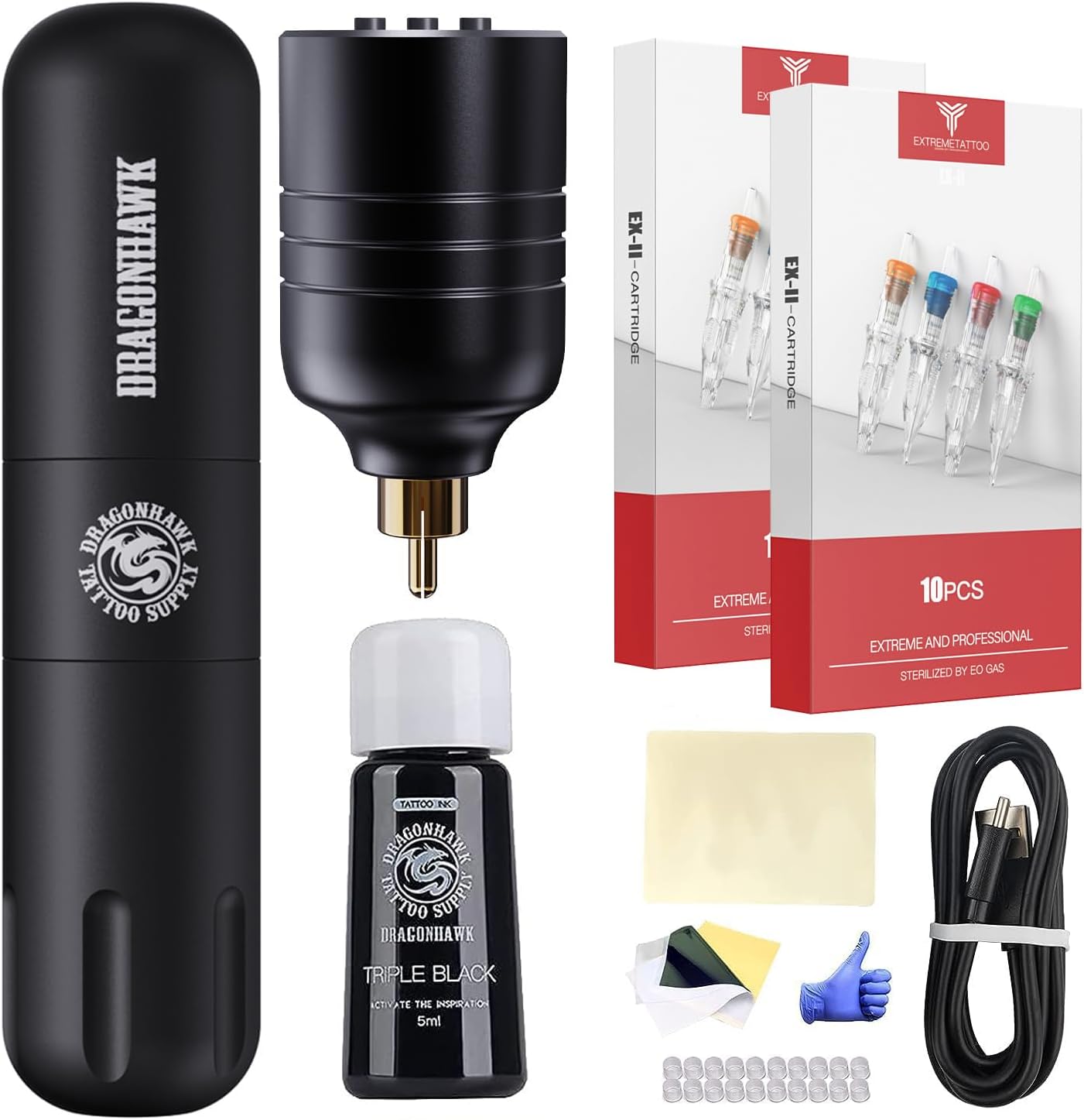 Wireless Tattoo Machine Beginner Complete Kit Rotary Pen 50Pcs Cartridges Needles Color Inks Battery Power Supply 375DC