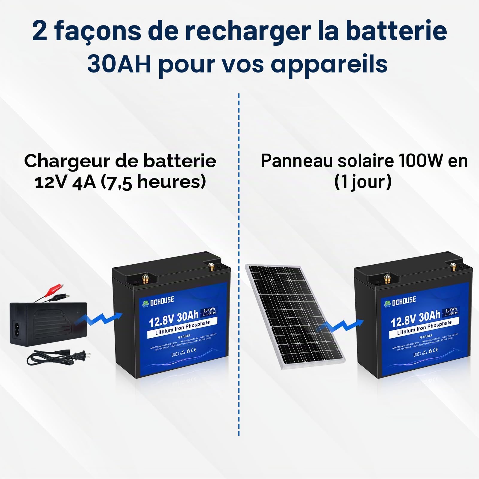 DCHOUSE 12V 30Ah Mini Batterie au lithiumavec Chargeur pour Batterie LiFePo4 12V 5A, Max 15000 Cycles et Protection BMS 30A, idéale pour Les sondeurs de pêche, Les Moteurs de traîne, etc
