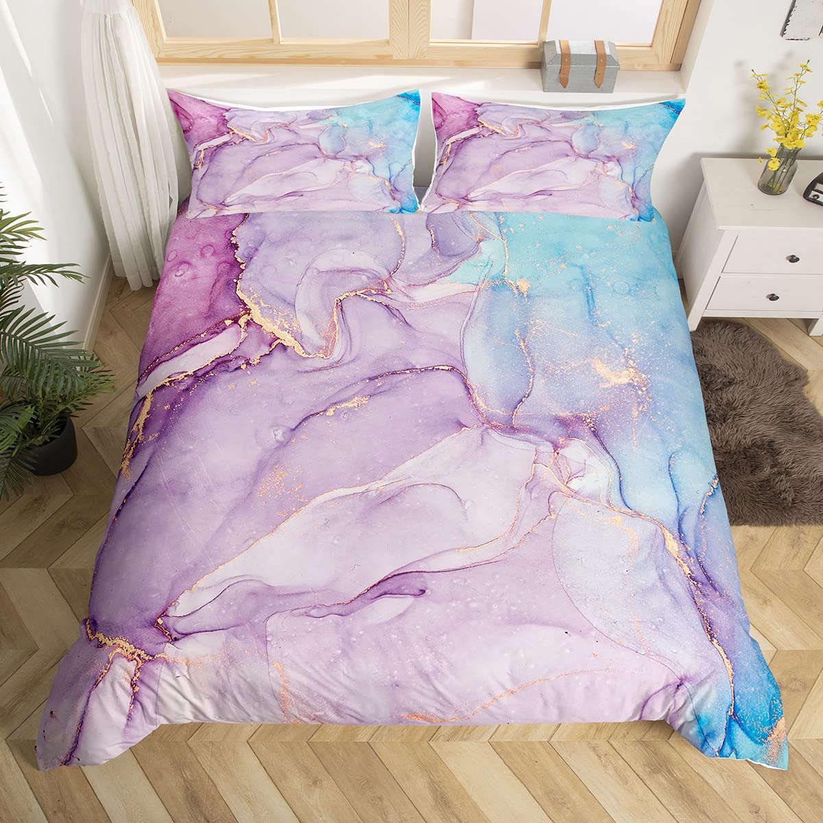 Marble Duvet Cover Set Double Size, Abstract Stone Texture Comforter Cover with 2 Pillowcases