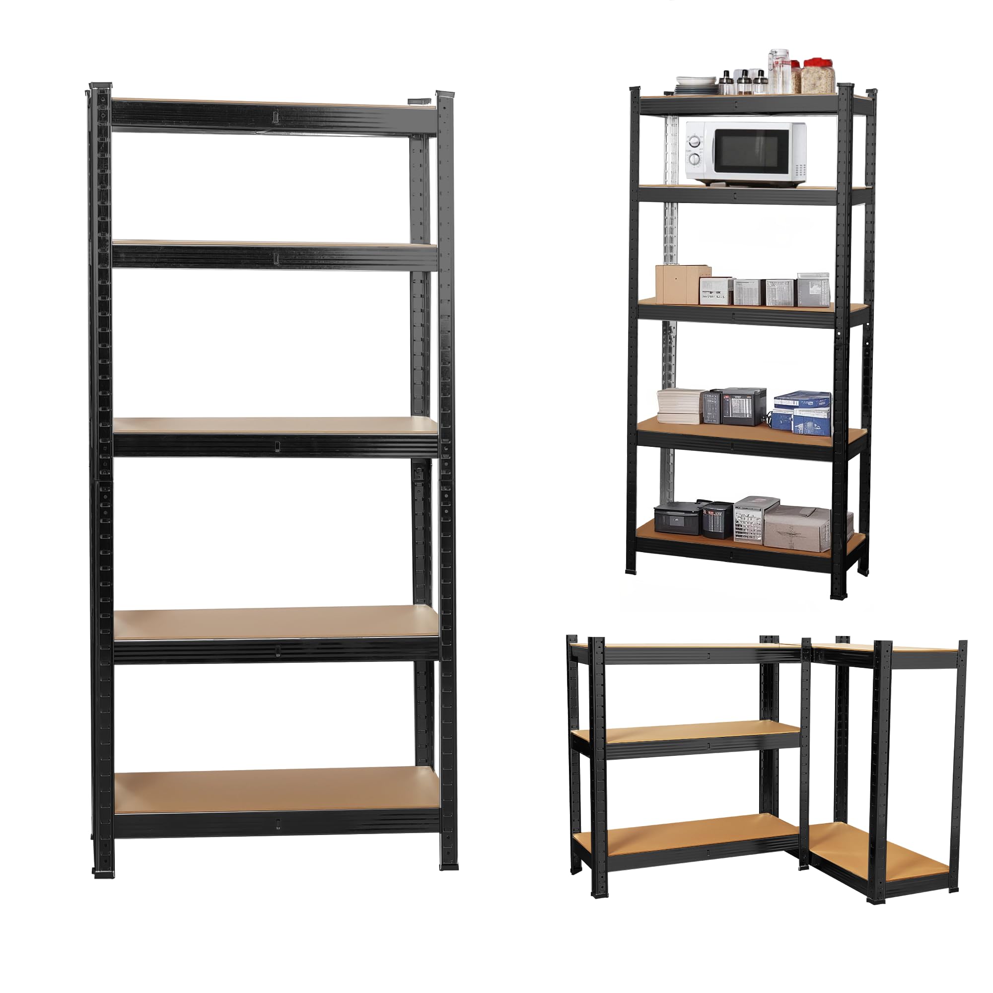 5-Tier Heavy Duty Garage Shelving Units – 875kg Capacity Steel Storage Shelves, Boltless Assembly, Adjustable Height & Layout for Warehouse, Living Room, Kitchen, Bedroom (Black, 90x40x180cm)
