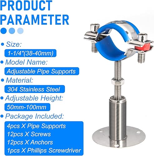 Miniatura 4 de Kodilin 4 soportes de tubo de montaje en pared de acero inoxidable 304, adecuados para tubos OD de 1-14 pulgadas (1.496-1.575 in), altura ajustable