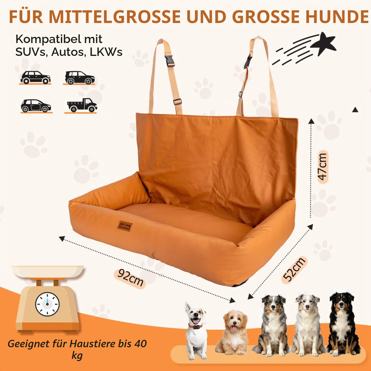Nobleza - Hunde Autositz für Mittelgroße und Große Hunde, Wasserdichter Rutschfester, Autositz Hund mit 2 Sicherheitsleinen, Geeignet für mittelgroße bis große Hunde, L92*W52*H47cm, Orange