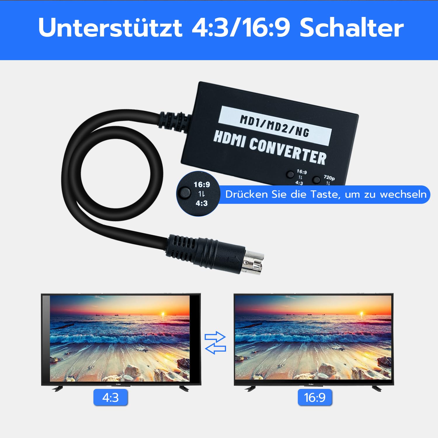 Mcbazel Nahtloser Mega Drive/NEOGEO HDMI-Adapter für HDTV, Multifunktions-Videokonverter 4:3/16:9, 720P/1080P für Mega Drive 1/Mega Drive 2/NEOGEO