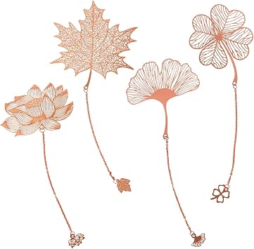 4pcs Vintage Metal Leaf Bookmarks with Pendant, 4 Styles Exquisite Hollow Metal Leaf Bookmark, Bookish Gift for Book Lovers Readers Teens Adults Women Men