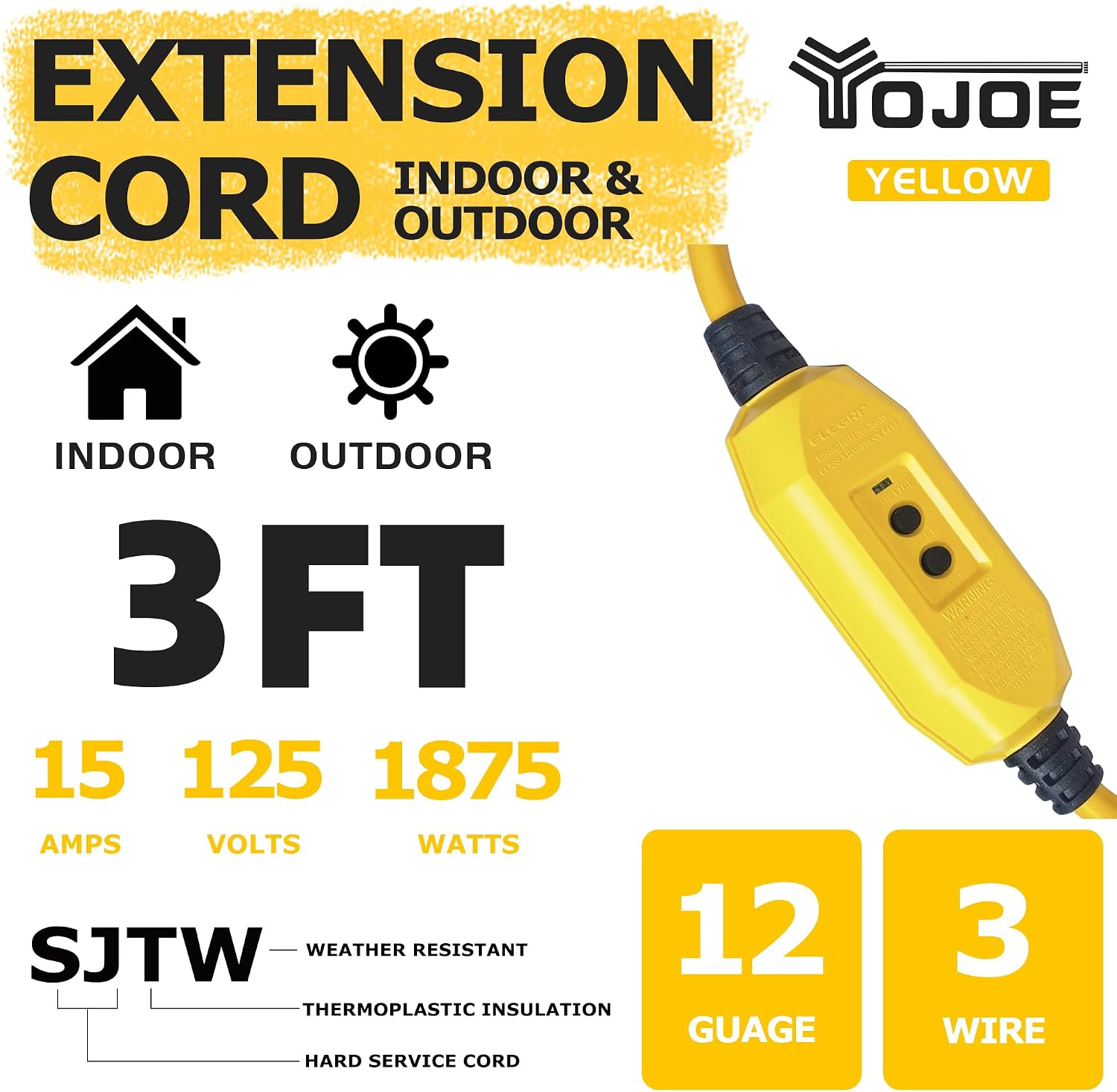 YOJOE 3 Foot GFCI Yellow Extension Cord,Lighted Outdoor 12/3 Cord with 3 Power Outlets,12 Gauge 3 Prong SJTW Heavy Duty Extension Cable with 3 Prong Grounded Plug for Safety,UL Listed