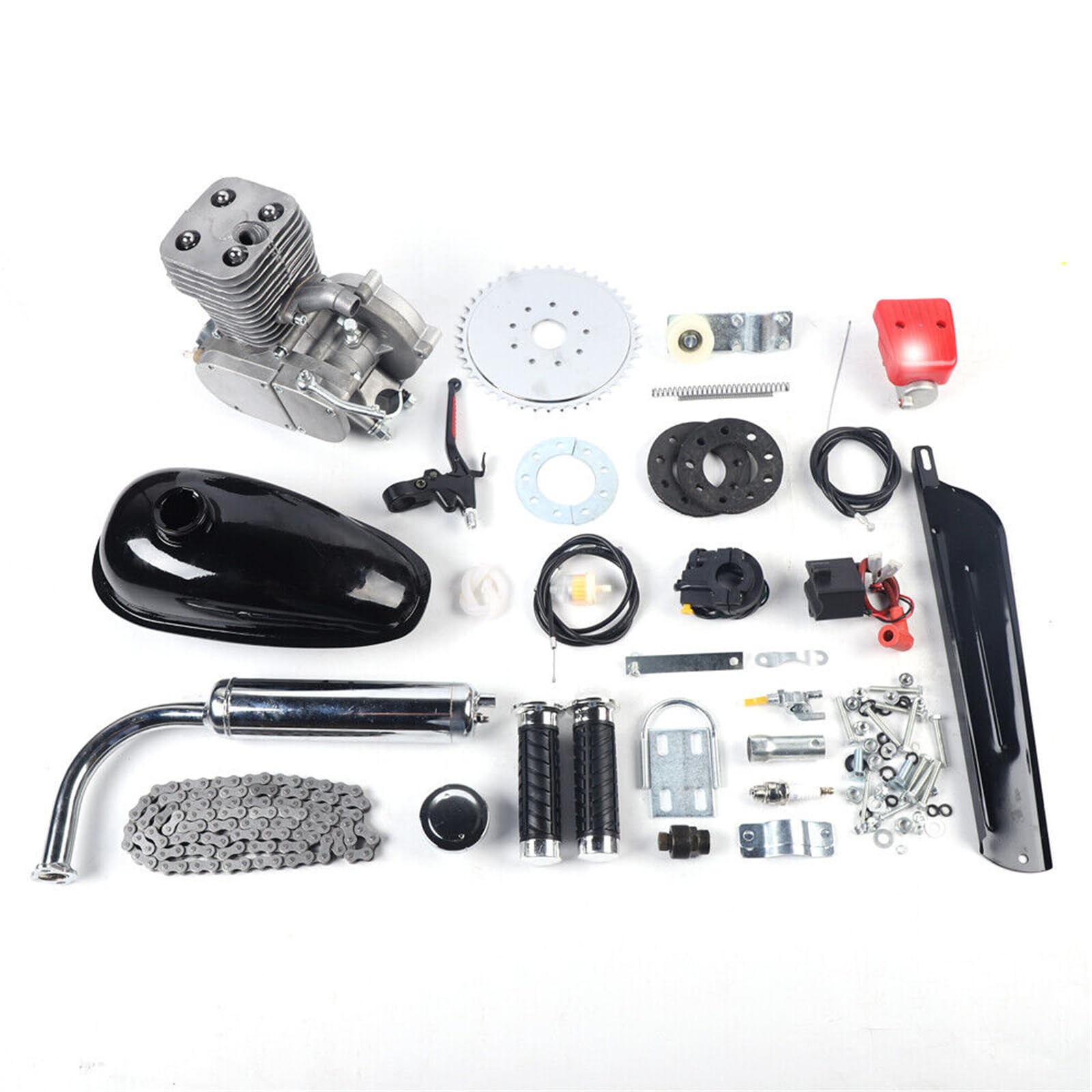100CC Bicycle Engine Kit, 2 Stroke Gas Powered Bike Motor Conversion Kit Gas Motorized Motor Bike Motor Cycle Full Set Carburetor Assembly CDI Ignition Exhaust Muffler Fuel Tank (with Valve)
