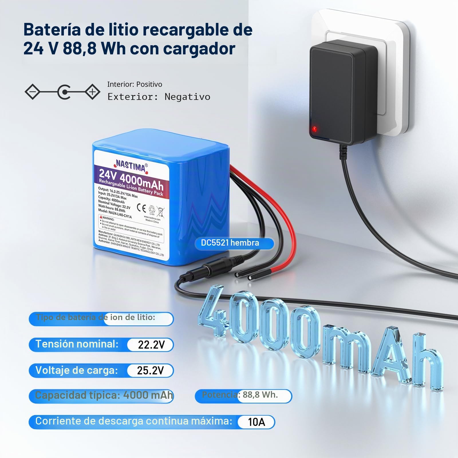 NASTIMA de 4000mAh y 88,8Wh 24V Batería Recargable de Iones de Litio | para Altavoces Bluetooth, Coches Teledirigidos, Sistemas de Energía Solar, Bricolaje, etc. Incluye Cargador y Conector