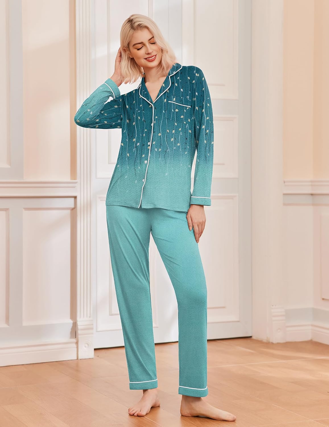 Ekouaer Pajamas Women's Long Sleeve Sleepwear Soft Button Down Loungewear Pjs Lounge Set Nightwear XS-XXL - Image 5