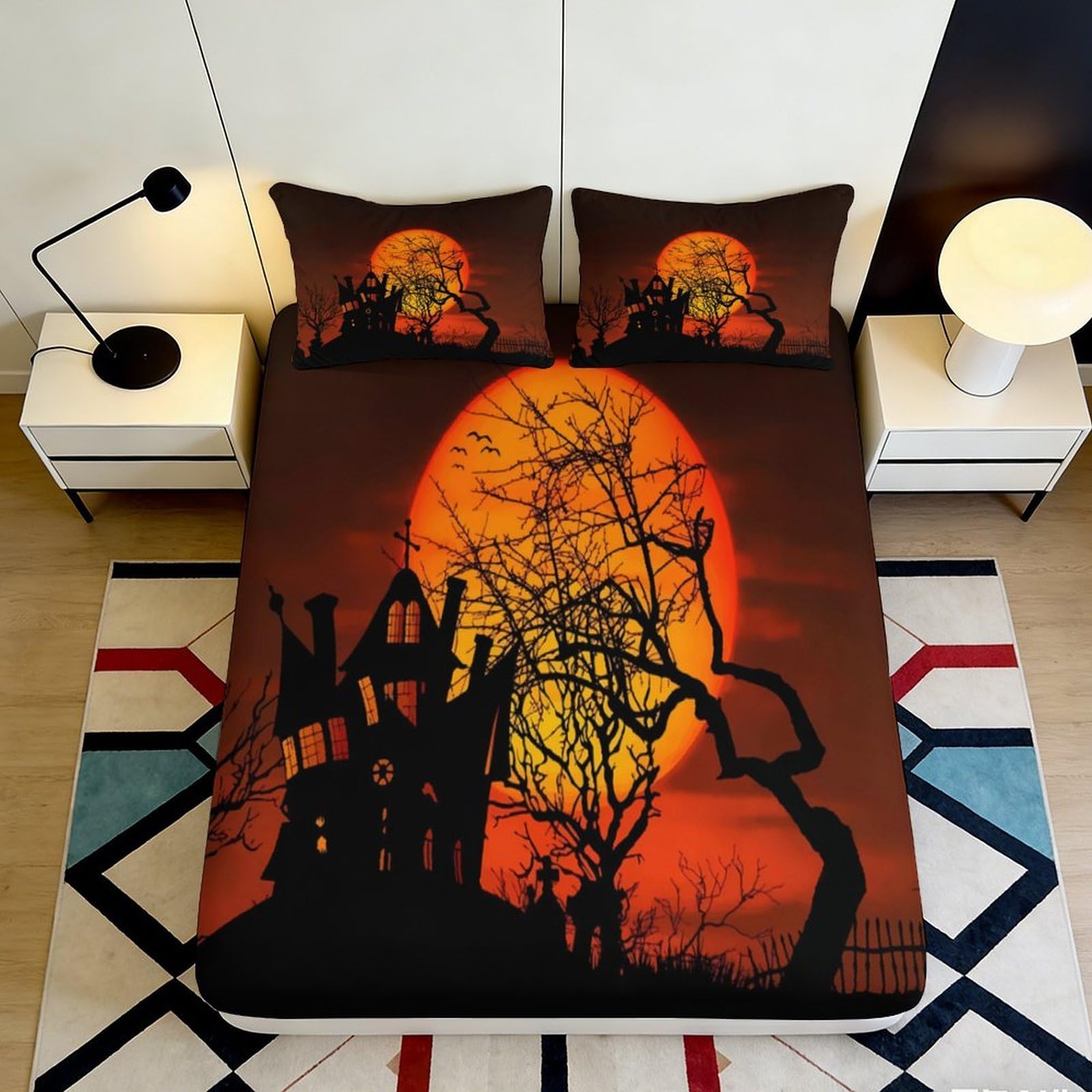 3D Printed Haunted House Fitted Sheet Microfiber Orange Moon Mattress Cover for Bedroom Guest Room Halloween Decor 90x200x25cm