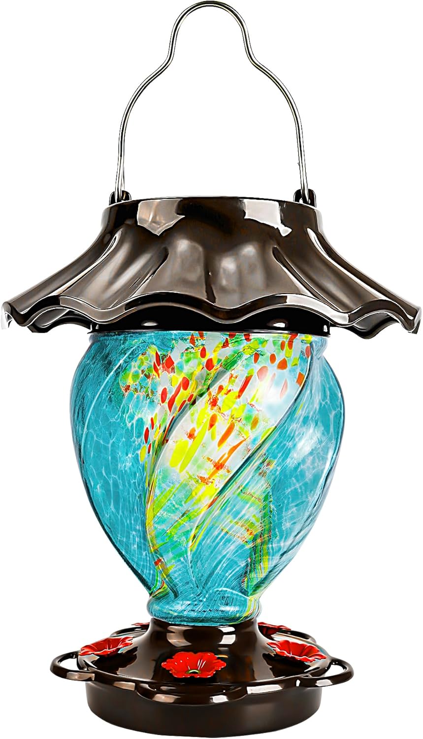 LUJII Solar Powered Hummingbird Feeder for Outside, Hand Blown Glass, 35 fl.oz, Never Leak, Waterproof, Metal Base Top, Lighted Lantern for Garden Decoration, Unique Gift for Bird Lovers, Teal