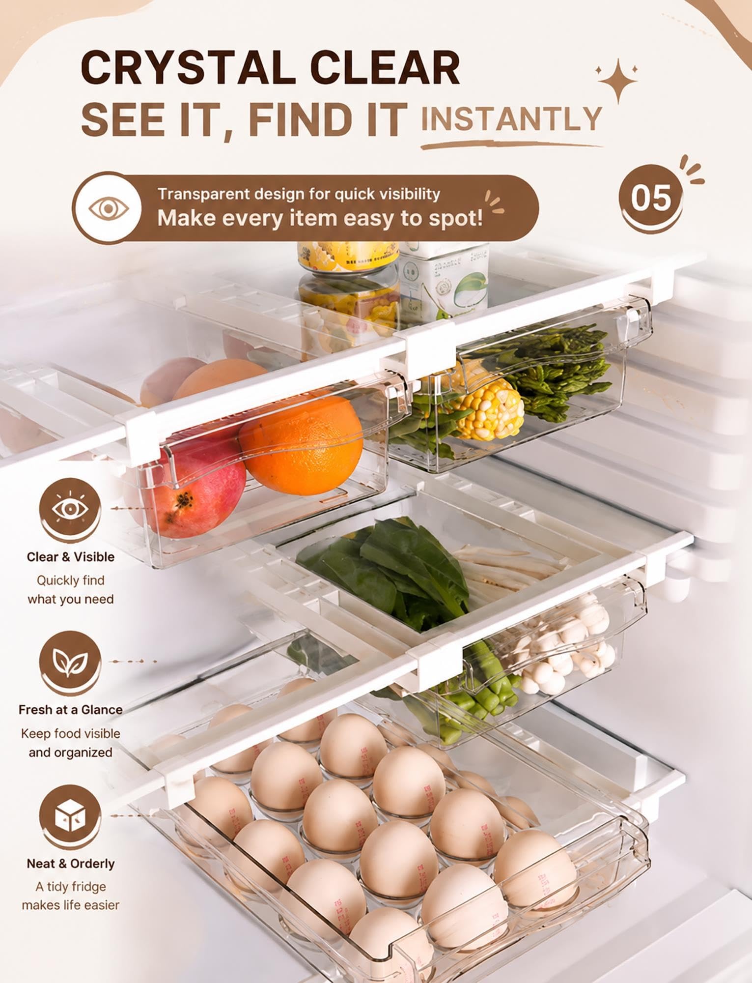 Organisateur frigo suspendu transparent, tiroir coulissant sous étagère