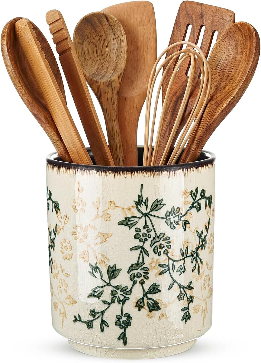 Rustic Ceramic Utensil Holder Brown Green Floral 5.5" | Countertop Caddy for Spatula Spoon Cooking Tool, Farmhouse Kitchen Decor, Tuscany Ceramic Utensil Crock, Housewarming Gift