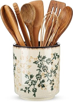 Kitchen Ceramic Utensil Holder Rustic 5.5" Brown Green Floral Utensil Crock for Countertop Tuscany Cooking Tools Storage Caddy for Spatula Spoon Farmhouse Decor Housewarming Gift